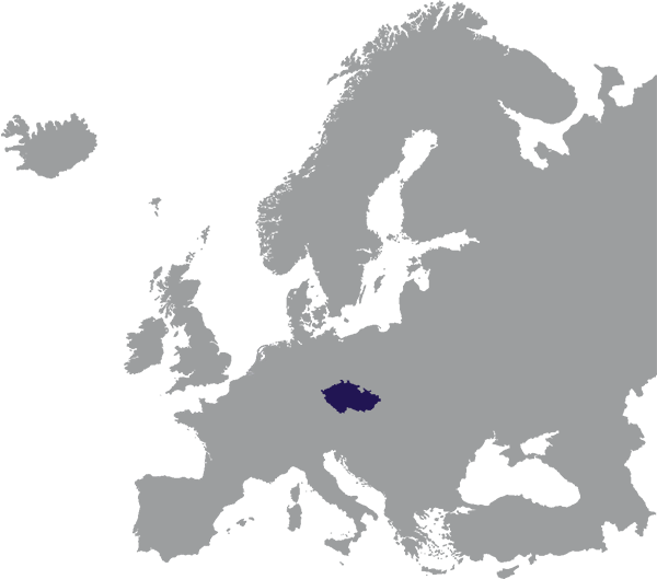 Tsjechië aangegeven in donkerblauw op grijze kaart van Europa - op transparante achtergrond - 600 x 529 pixels